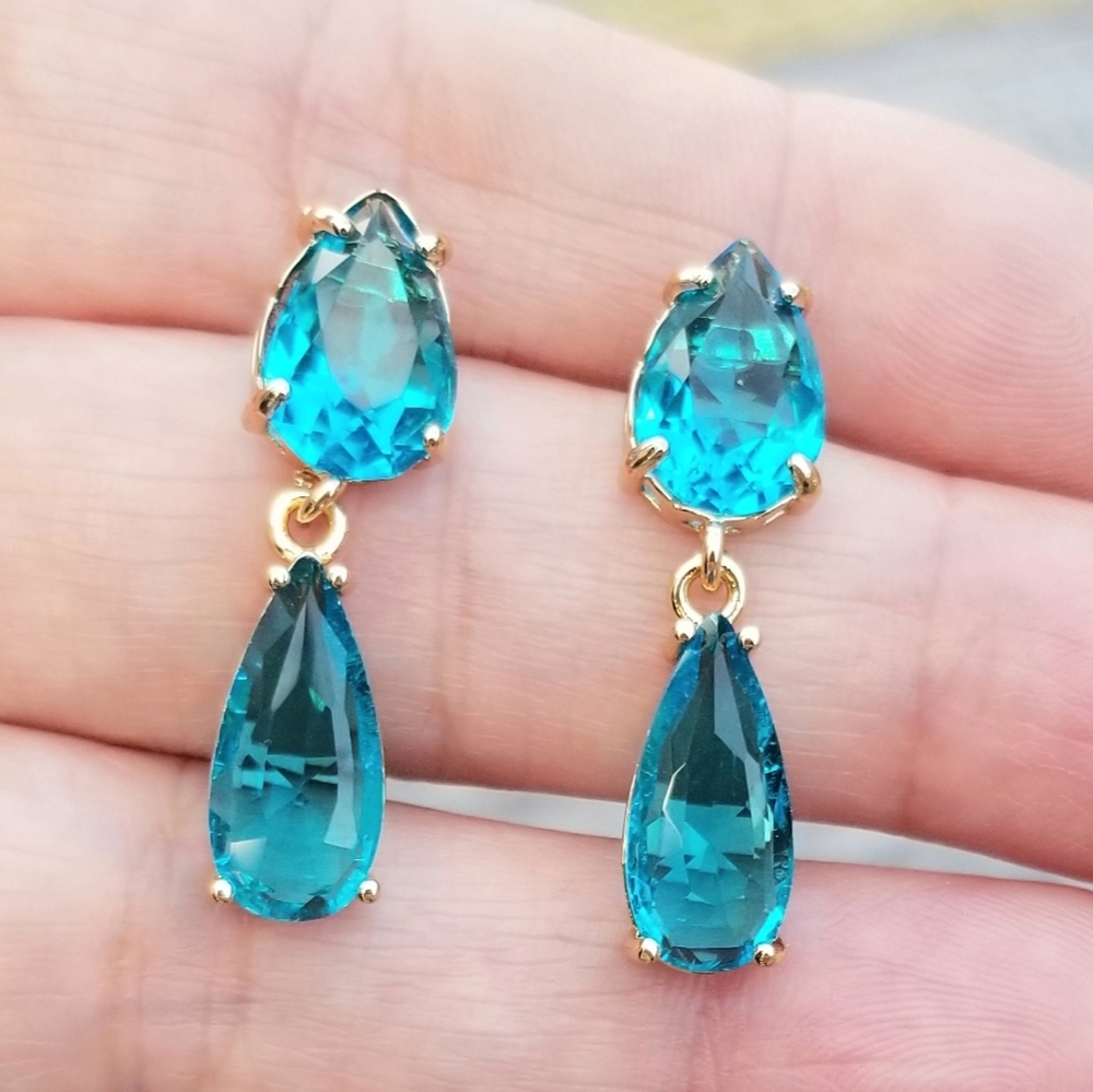 14k Gold Double Teardrop Swiss Blue Topaz Stud Earrings, Topaz Studs